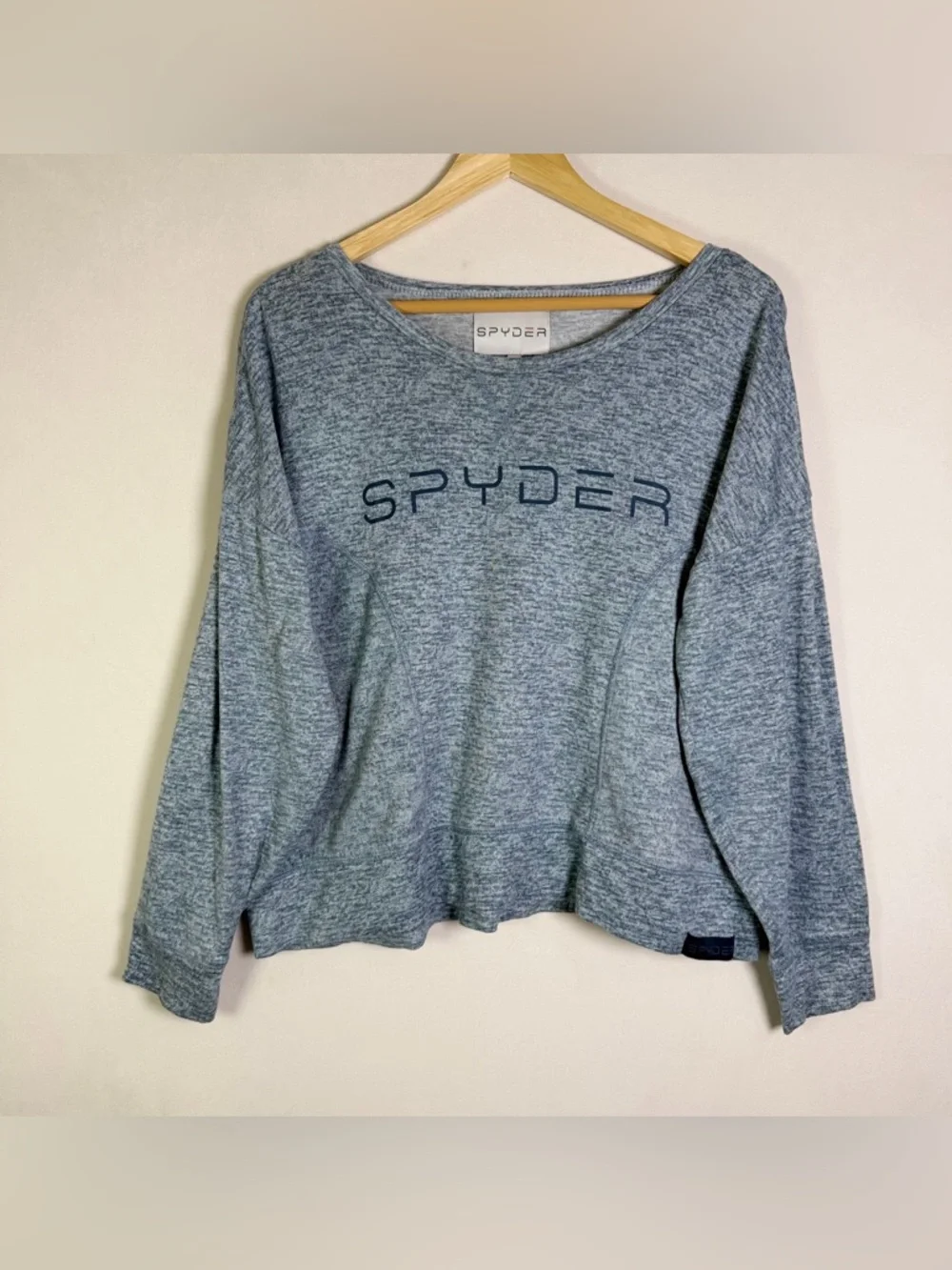 Women’s Spyder Heathered Blue Gray Oversized Sweatshirt Sz L Logo Pullover - Picture 2 of 7
